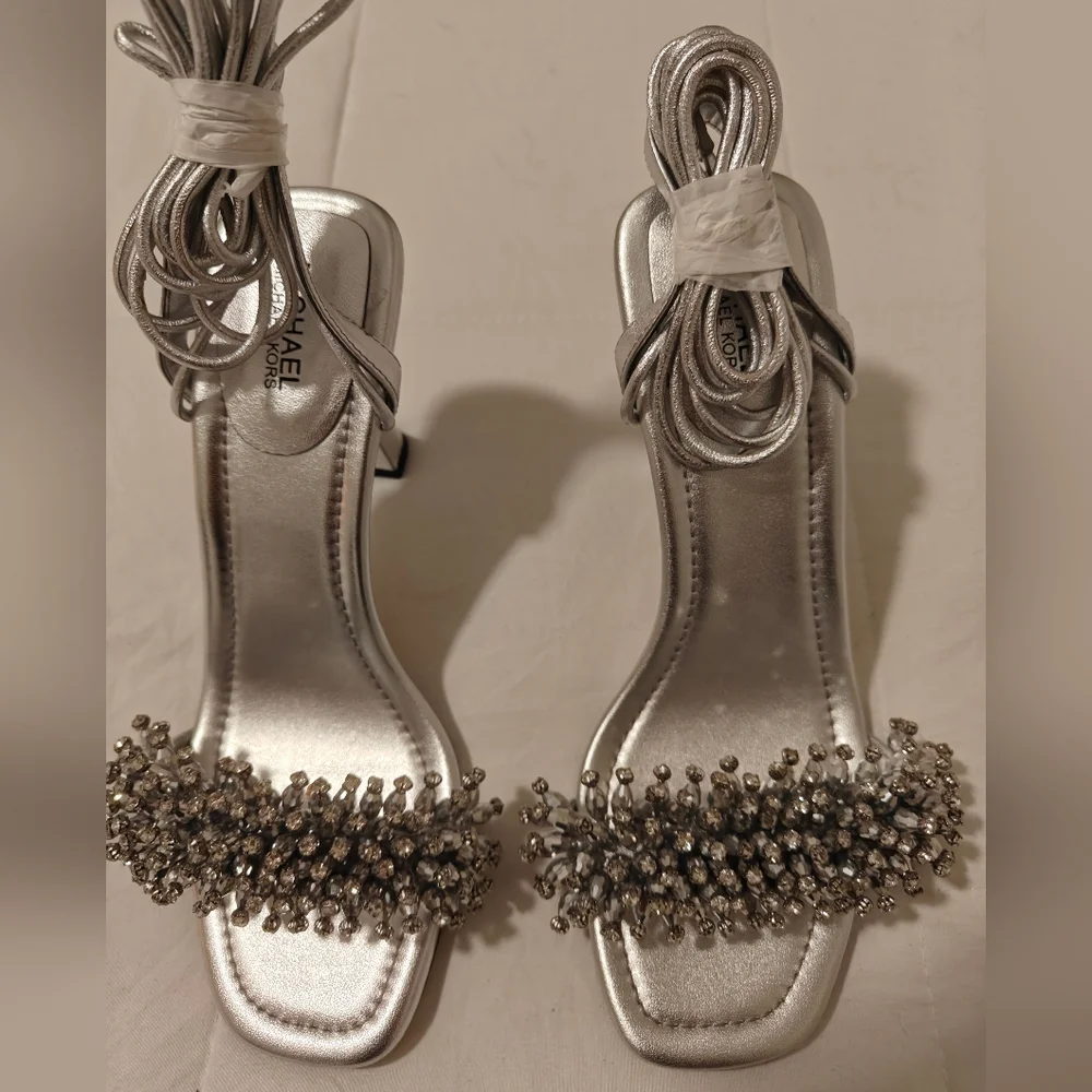 Michael Michael Kors Lucia Embellished Metallic Leather Sandal NEW, NEVER WORN - Picture 2 of 6